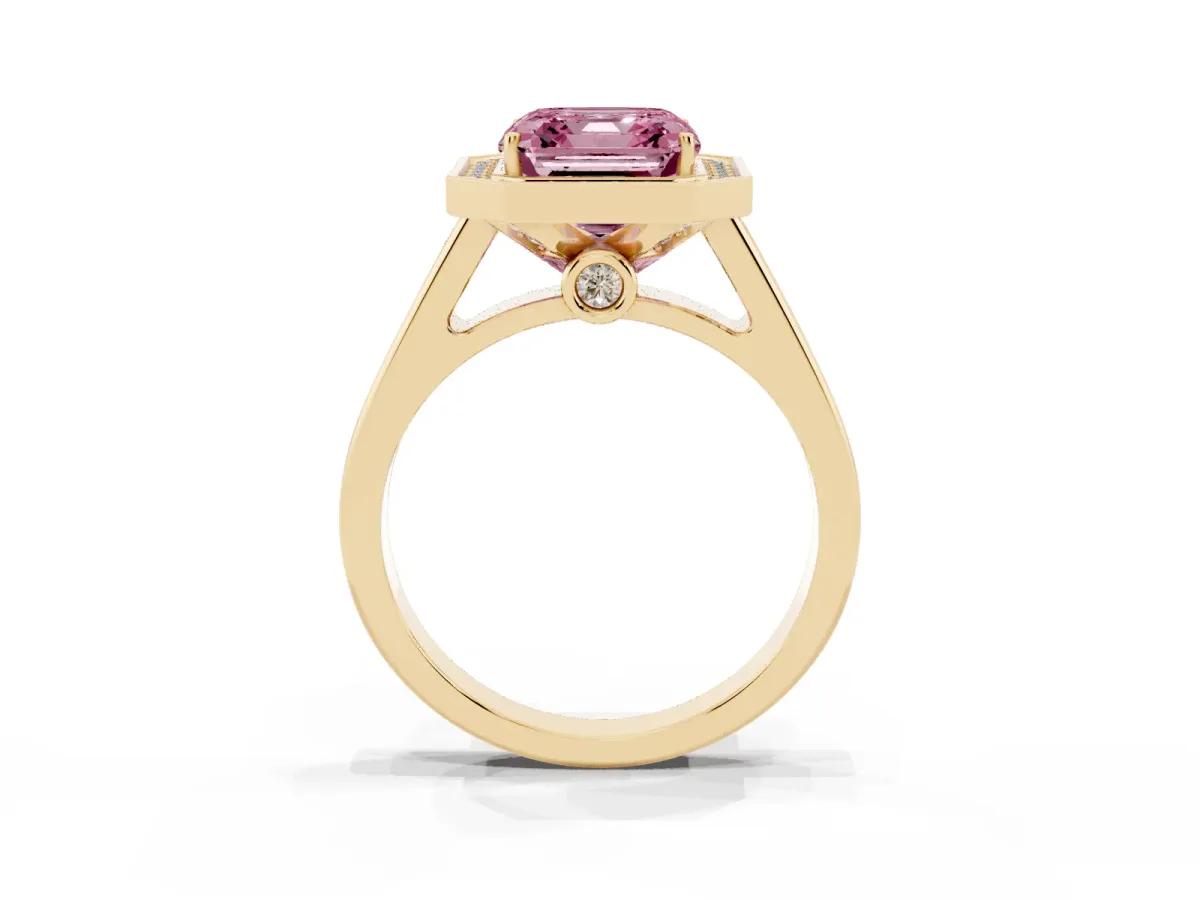 Fancy Pink Asscher Cut Halo Solitaire Diamond Ring with Pave Band and Bezel Setting Yellow gold