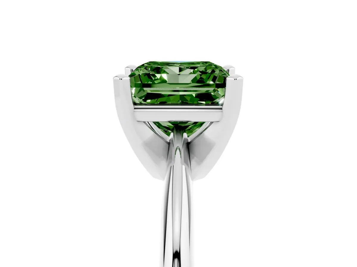 Fancy Green Princess Cut Cut Solitaire Ring with Four-Prong Setting on a Classic Band Silver