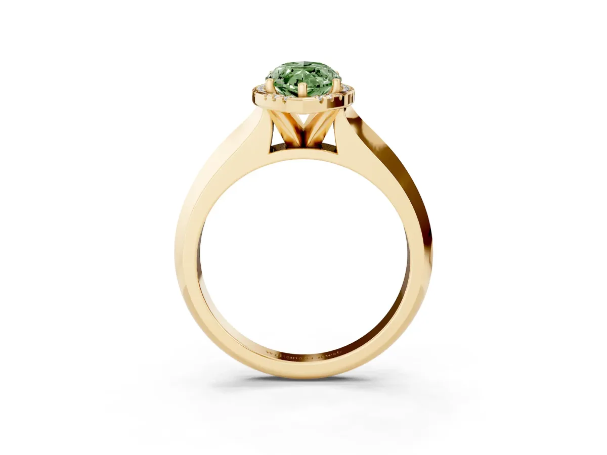 Fancy Green Marquise Cut Halo Diamond Ring with Cathedral Band and Four-Prong Setting Yellow gold