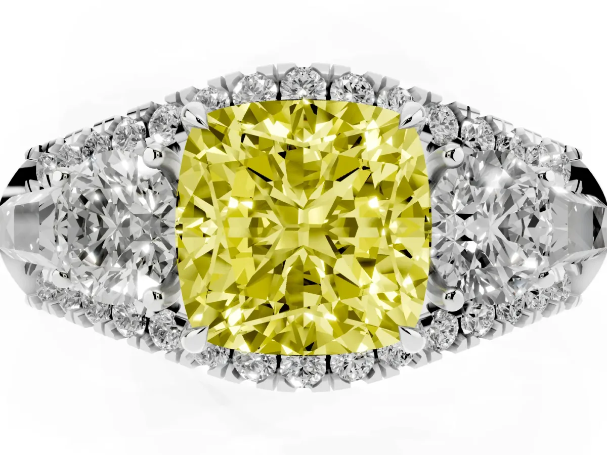 Fancy Yellow Three-Stone Cushion Cut Diamond Engagement Ring with Pave Band and Prong Setting Silver
