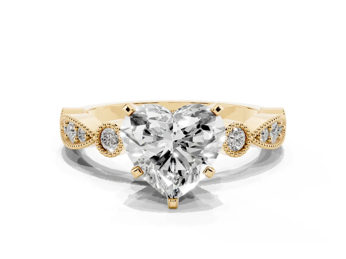 Heart Cut Milgrain Bezel Diamond Engagement Ring with Solitaire Prong Setting Yellow gold