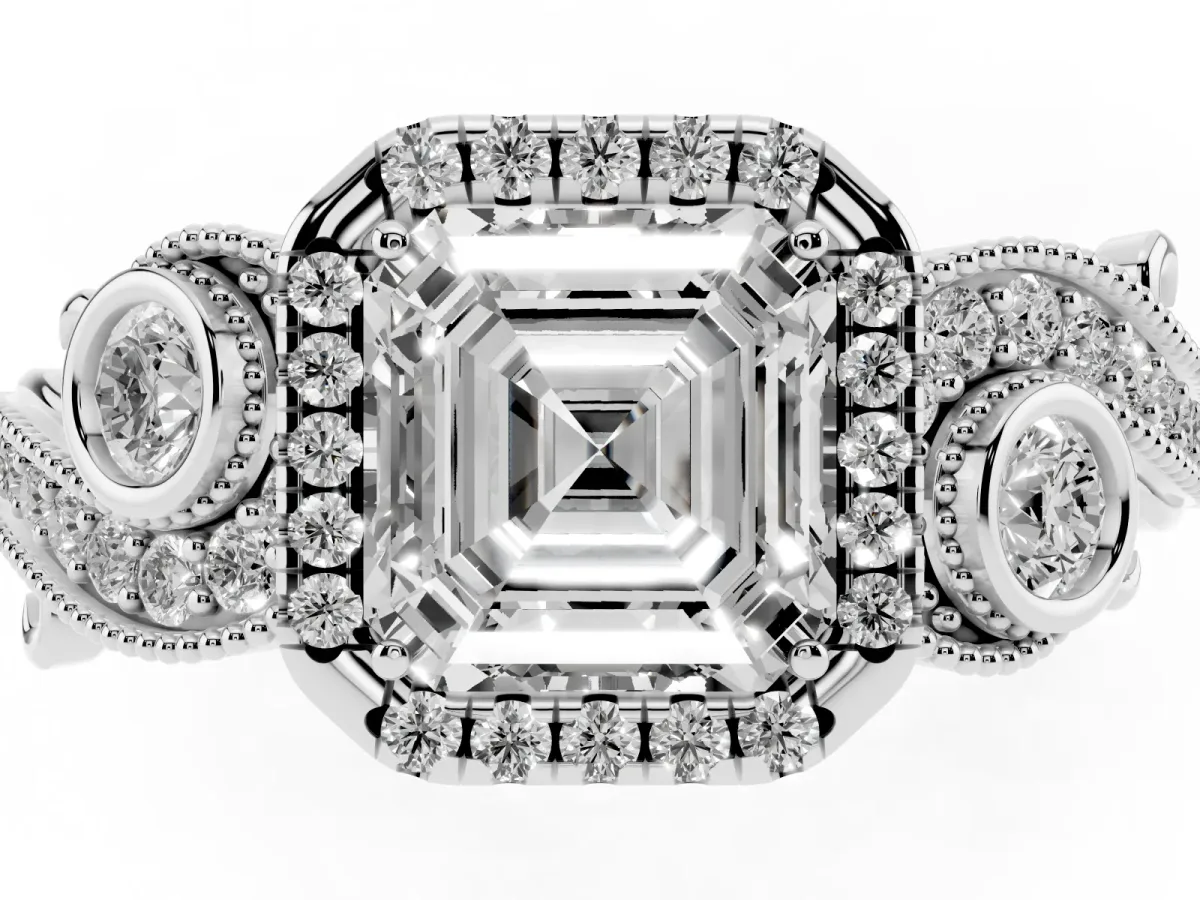 Asscher Cut Halo Diamond Ring with Milgrain and Bezel Accents on a Split Shank Band Platinum