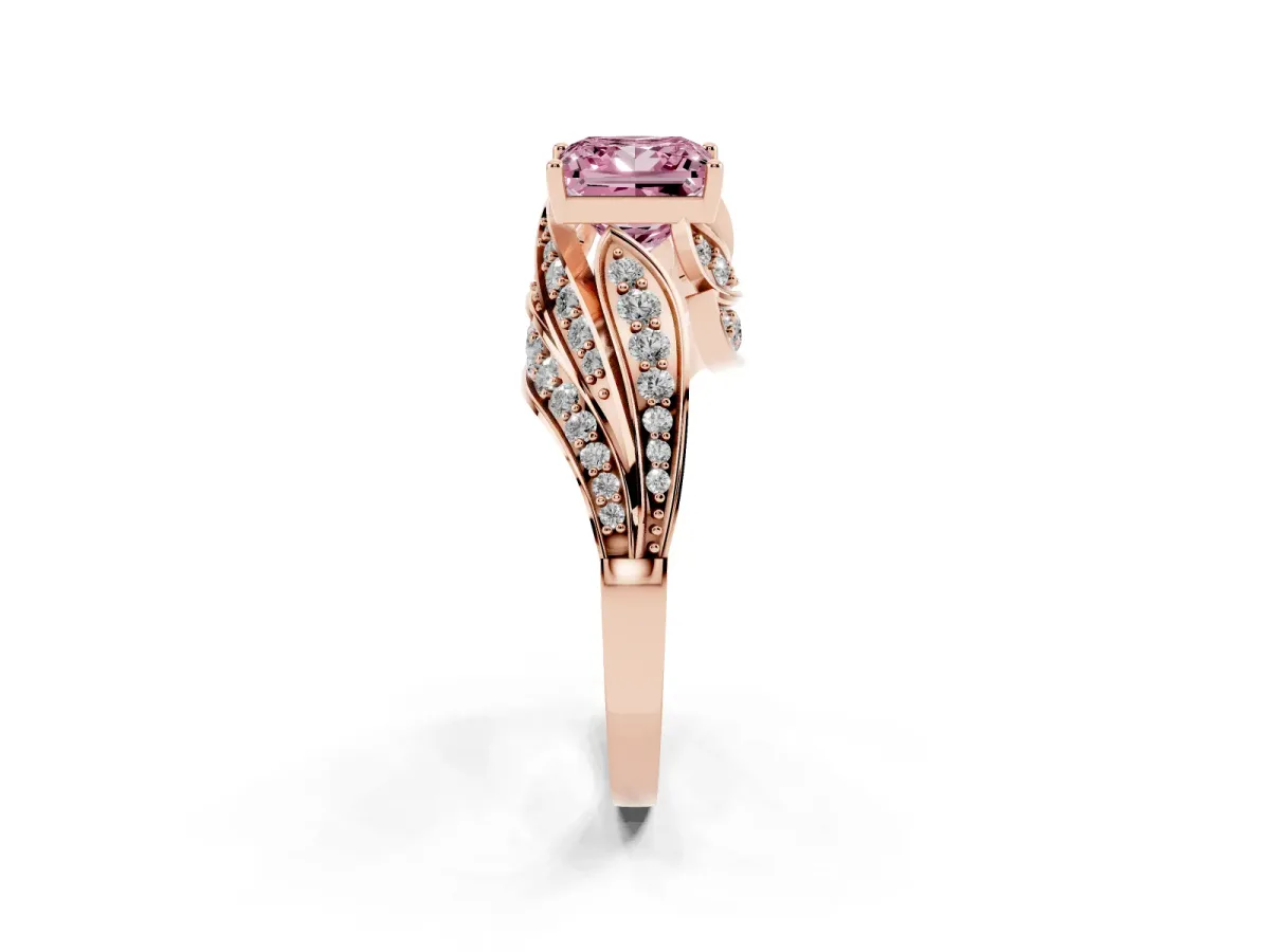 Fancy Pink Princess Cut Diamond Solitaire Ring with Prong Setting and Twisted Pavé Band Rose gold