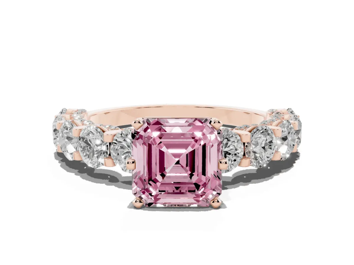 Fancy Pink Asscher Cut Diamond Side Stone Engagement Ring with Four-Prong Setting Rose gold