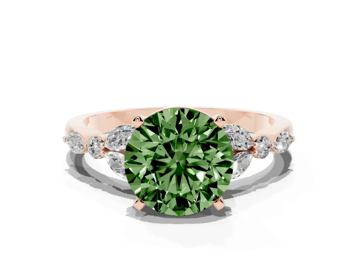 Fancy Green Round Cut Diamond Solitaire Ring with Side Stones and Four-Prong Setting Rose gold