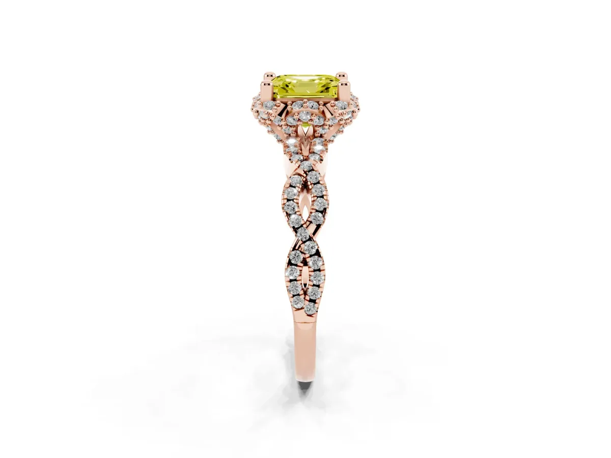 Fancy Yellow Asscher Cut Halo Twist Band Solitaire Ring with Six-Prong Setting Rose gold