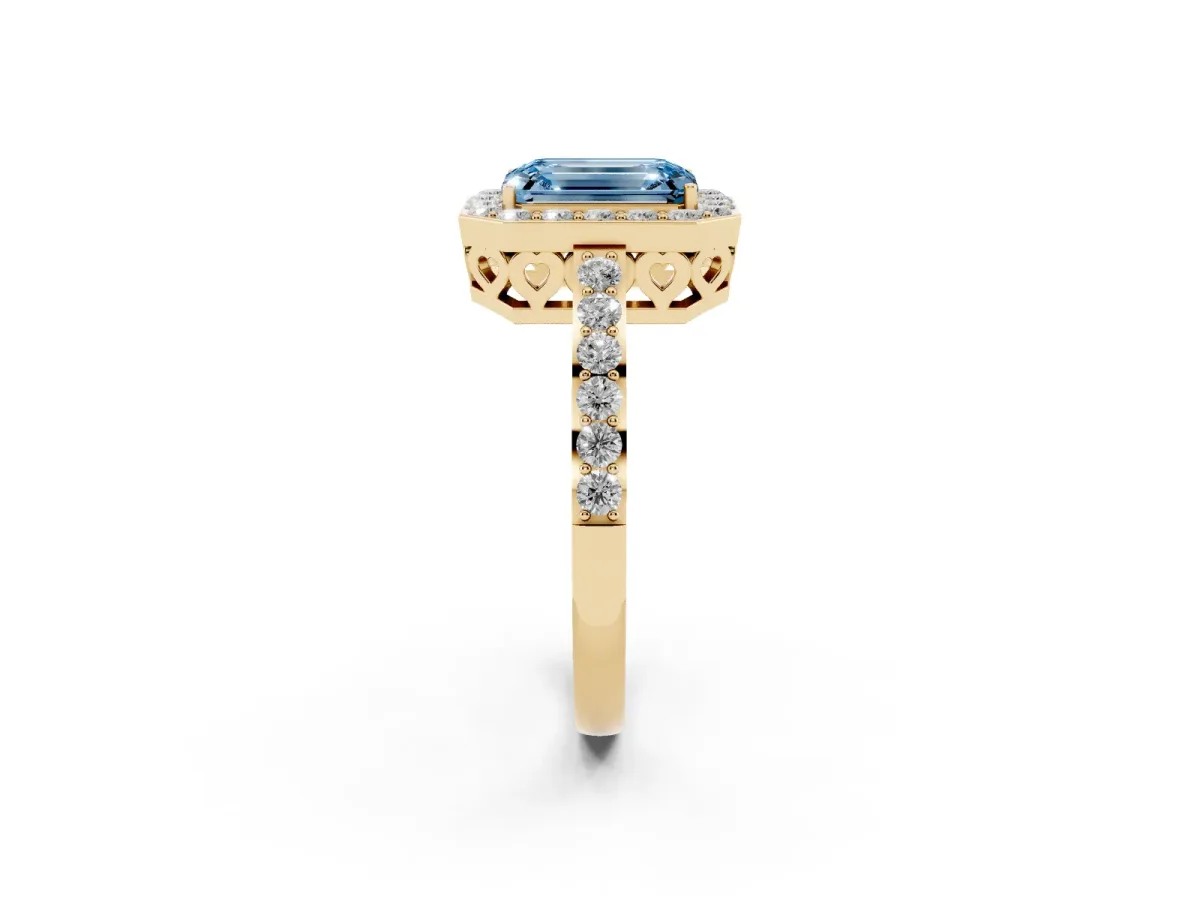 Fancy Blue Emerald Cut Halo Diamond Pavé Band Ring with Prong Setting Yellow gold