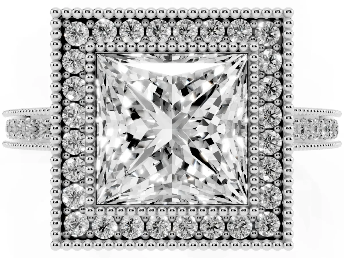 Princess Cut Cut Halo Diamond Ring with Pavé Band and Milgrain Prong Setting Silver