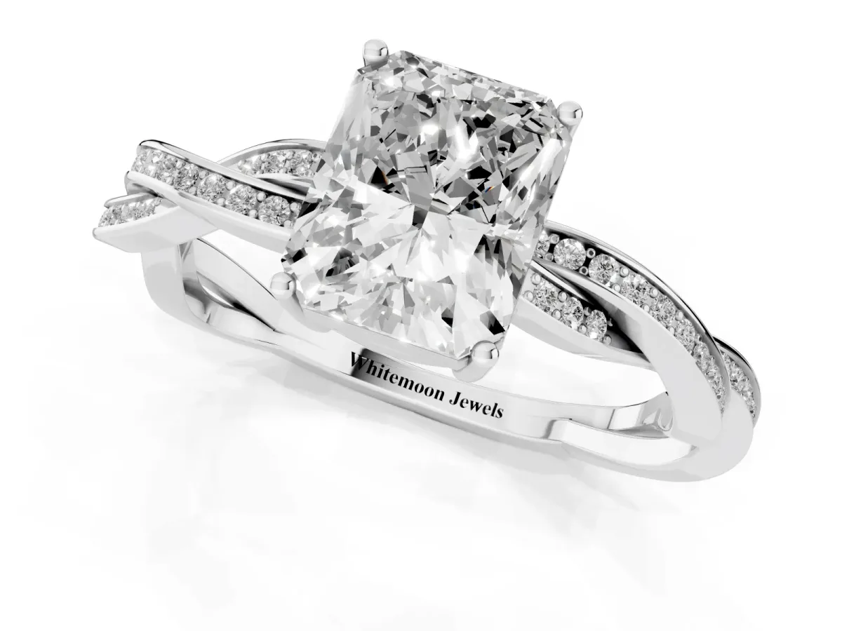 Radiant Cut Solitaire Twisted Pave Diamond Ring with Four-Prong Setting White gold