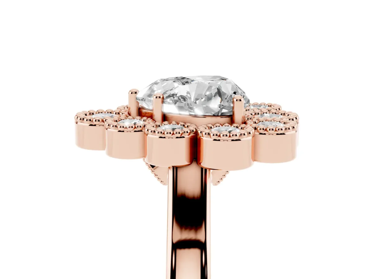Heart Cut Halo Diamond Cluster Engagement Ring with Milgrain Bezel Setting and Solitaire Band Rose gold