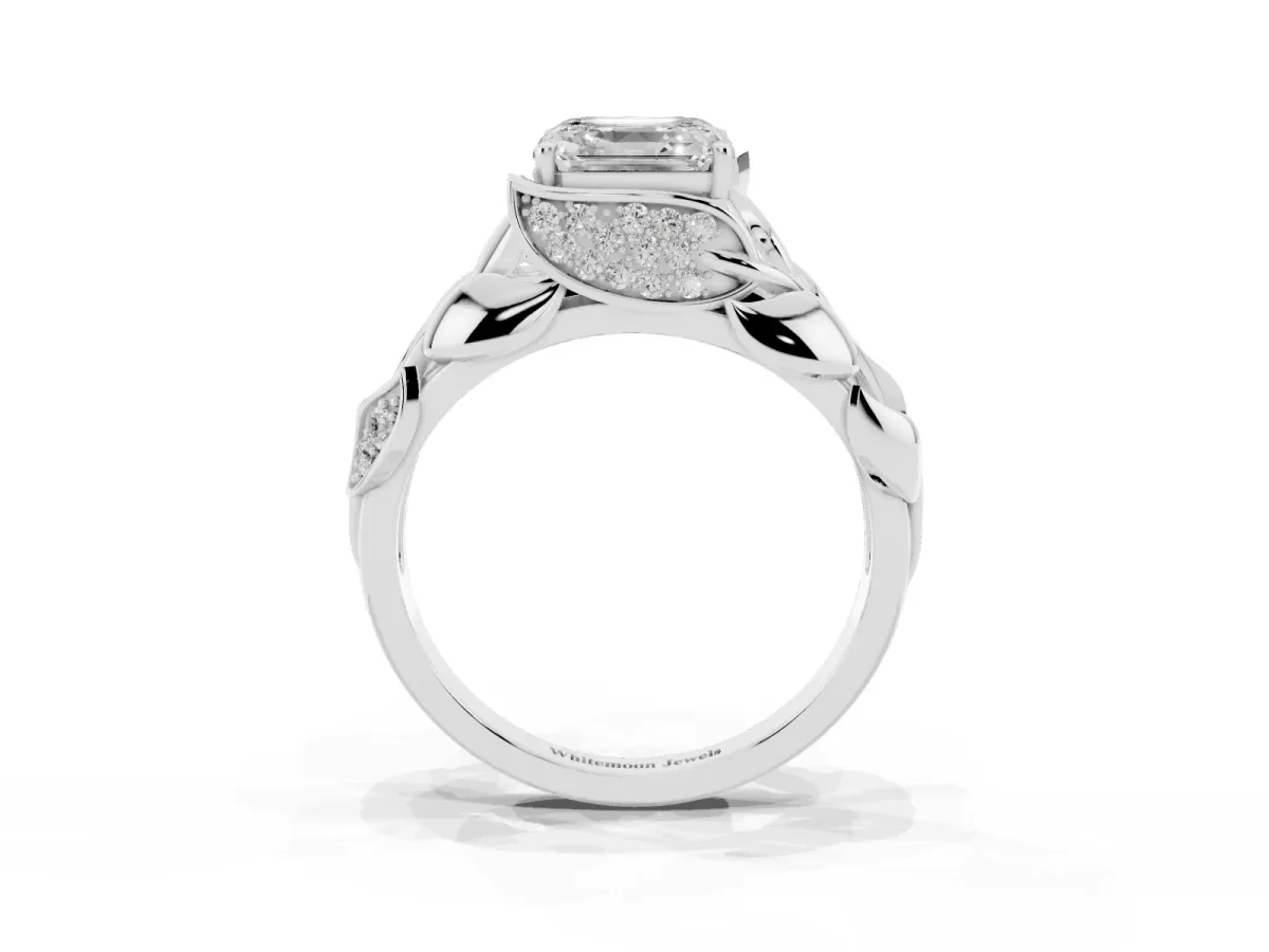 Asscher Cut Diamond Leaf-Inspired Engagement Ring with Round Accents and Prong Setting Silver
