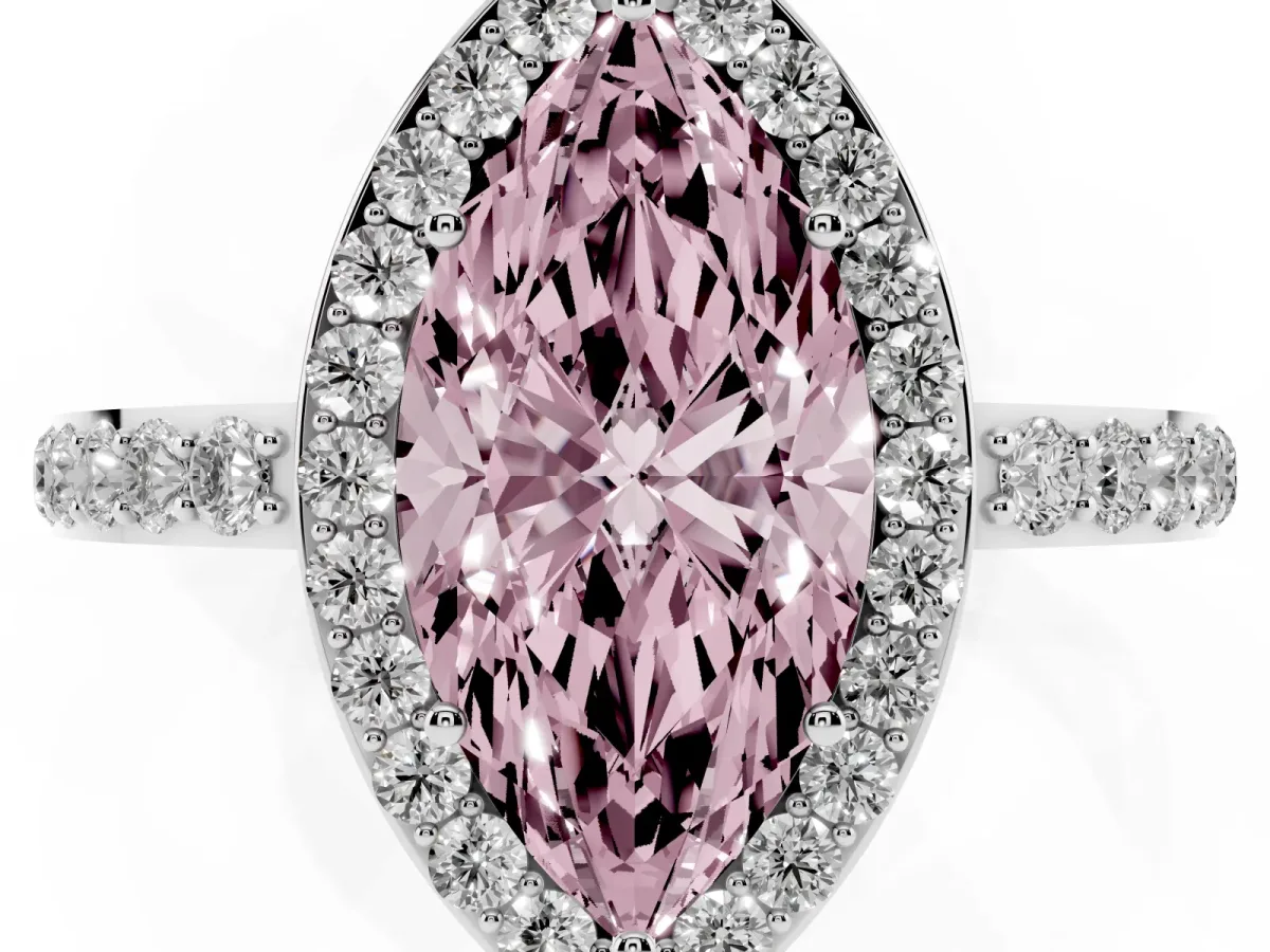 Fancy Pink Marquise Cut Halo Diamond Pavé Band Ring with Prong Setting Silver