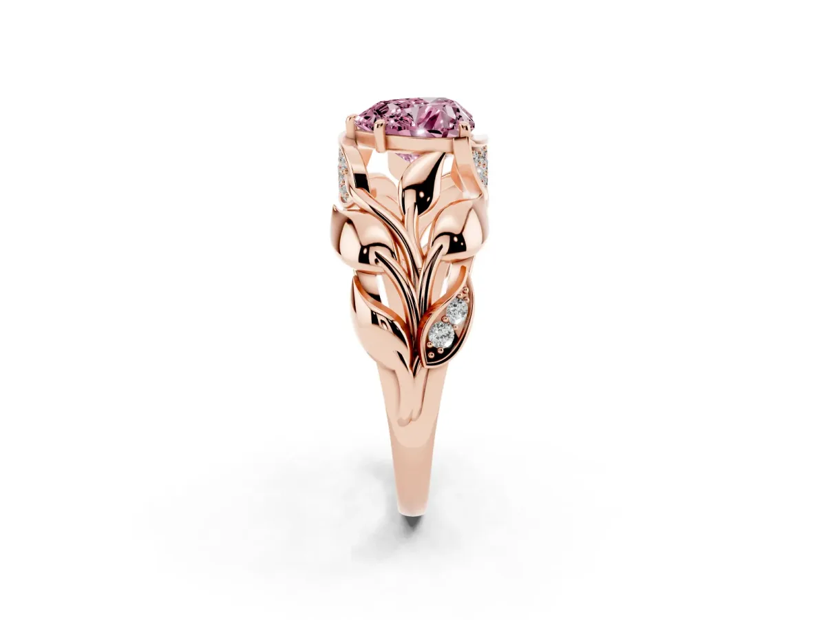 Fancy Pink Heart Cut Diamond Leaf-Inspired Engagement Ring with Round Accents and Prong Setting Rose gold