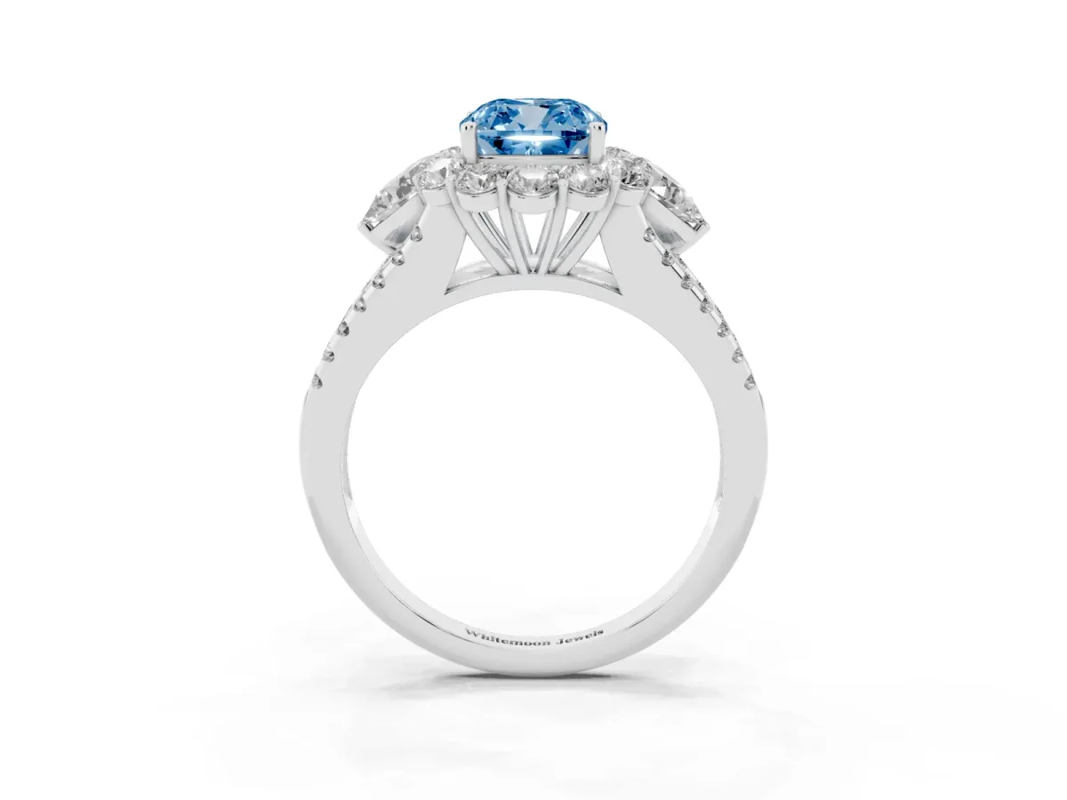 Fancy Blue Cushion Cut Halo Split Shank Diamond Engagement Ring with Prong Setting White gold