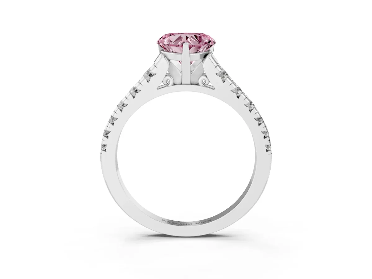 Fancy Pink Heart Cut Diamond Cathedral Solitaire Ring with Round Pavé Band Silver