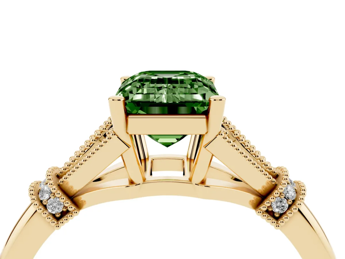 Fancy Green Emerald Cut Diamond Solitaire Ring with Floral Filigree and Pave Accents Yellow gold