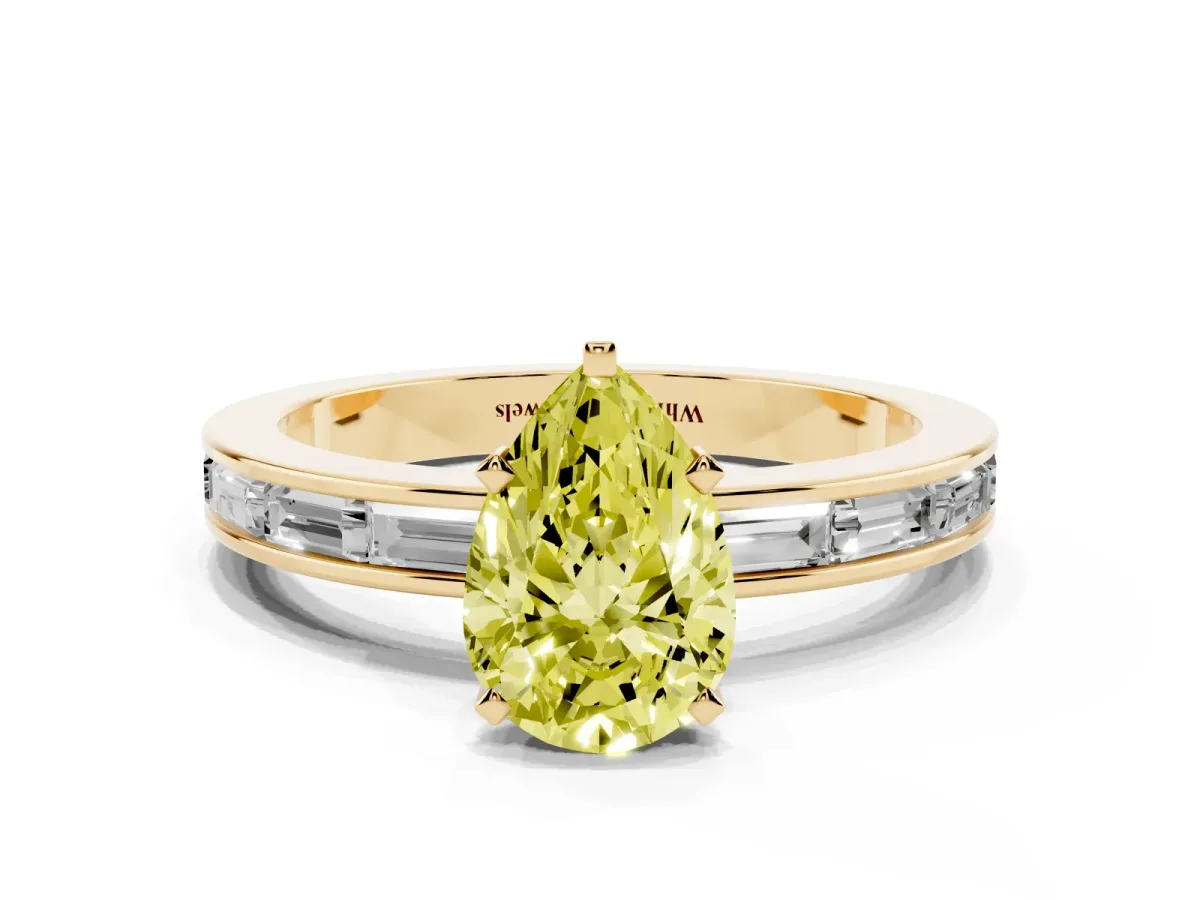 Fancy Yellow Pear Cut Solitaire Diamond Ring with Channel-Set Baguette Band and Four-Prong Setting Yellow gold