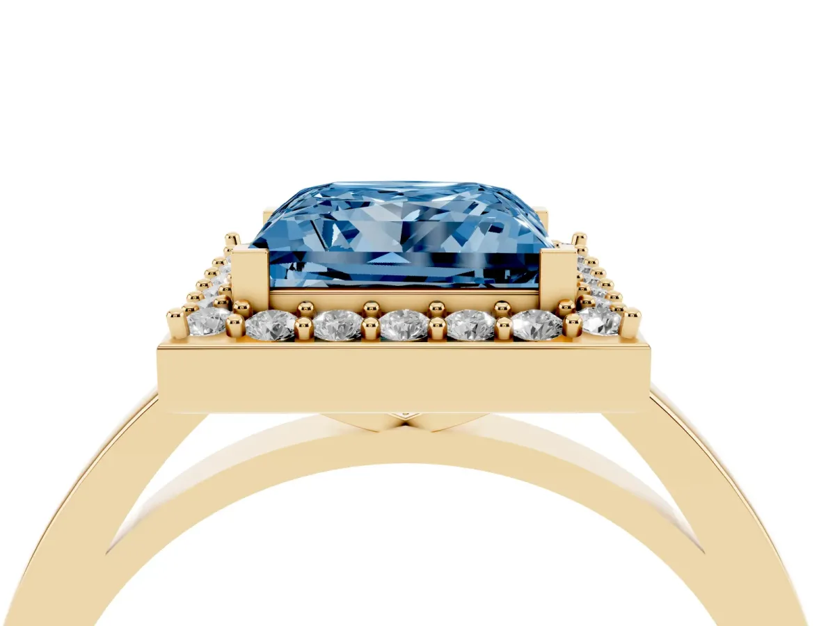 Fancy Blue Princess Cut Halo Diamond Ring with Solitaire Band and Prong Setting Yellow gold