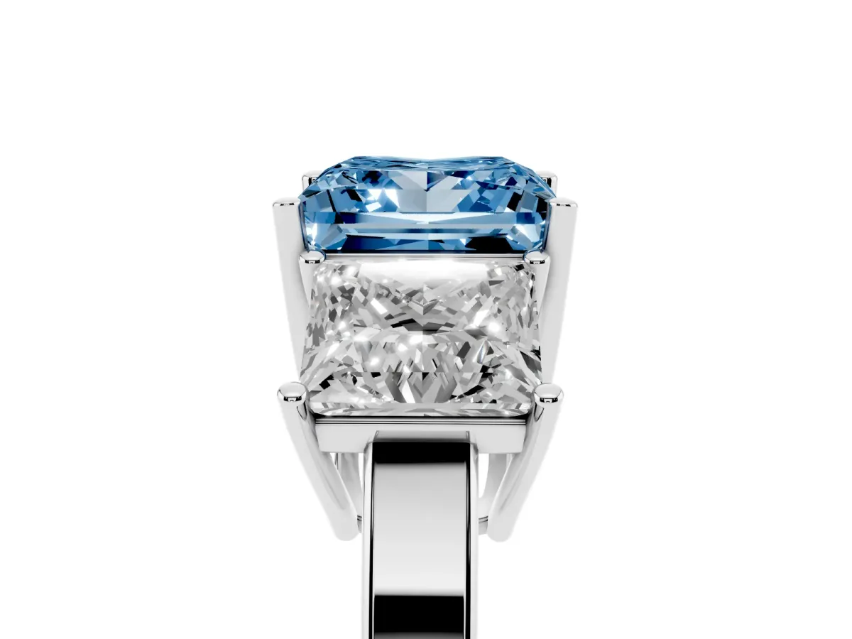 Fancy Blue Three-Stone Princess Cut Cut Diamond Engagement Ring with Flat Band and Four-Prong Setting Silver