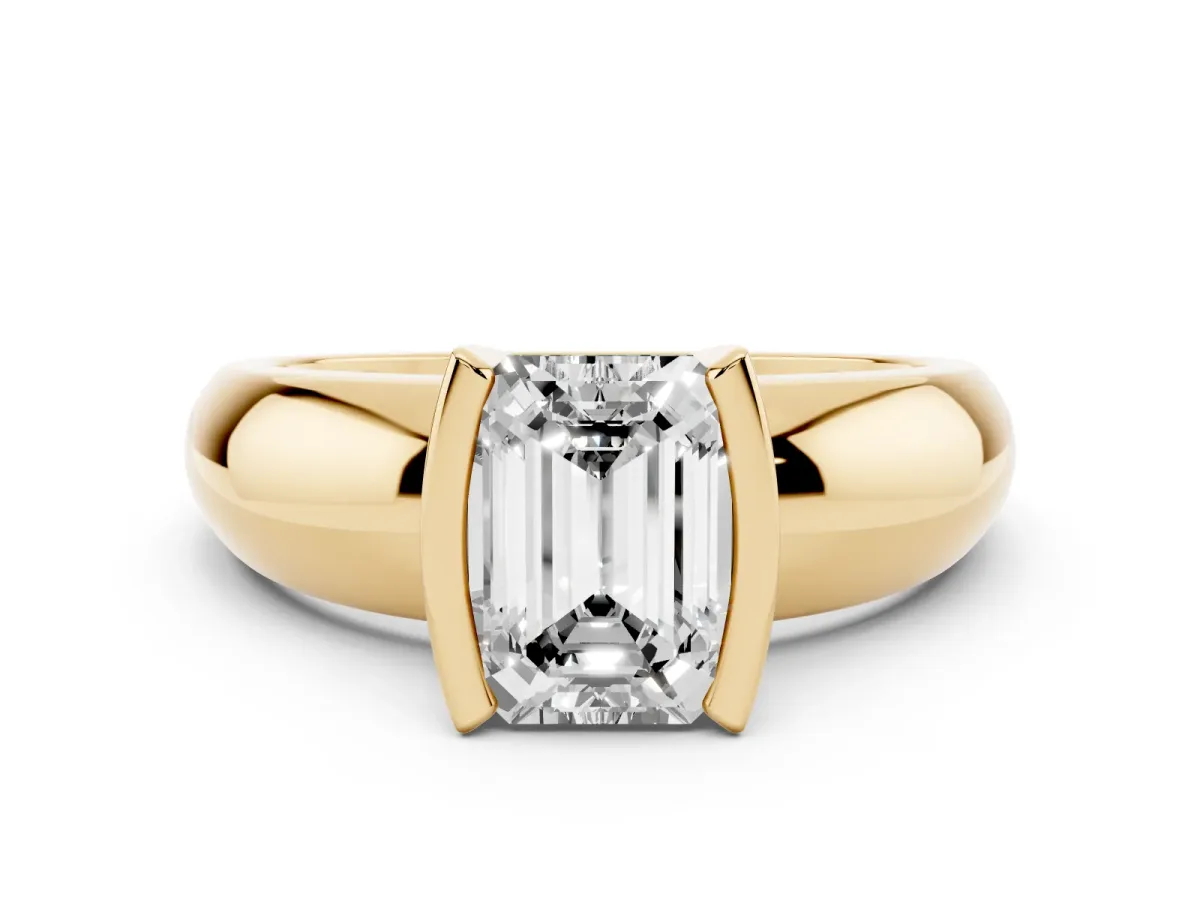 Emerald Cut Solitaire Tension Set Diamond Ring with Wide Band Yellow gold