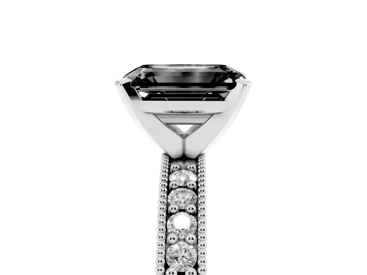 Fancy Black Emerald Cut Diamond Milgrain Pavé Engagement Ring with Four-Prong Setting Silver