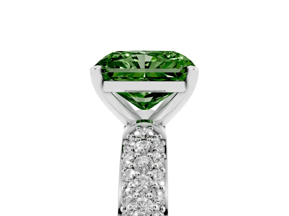 Fancy Green Radiant Cut Diamond Solitaire Ring with Prong Setting and Pavé Band Silver