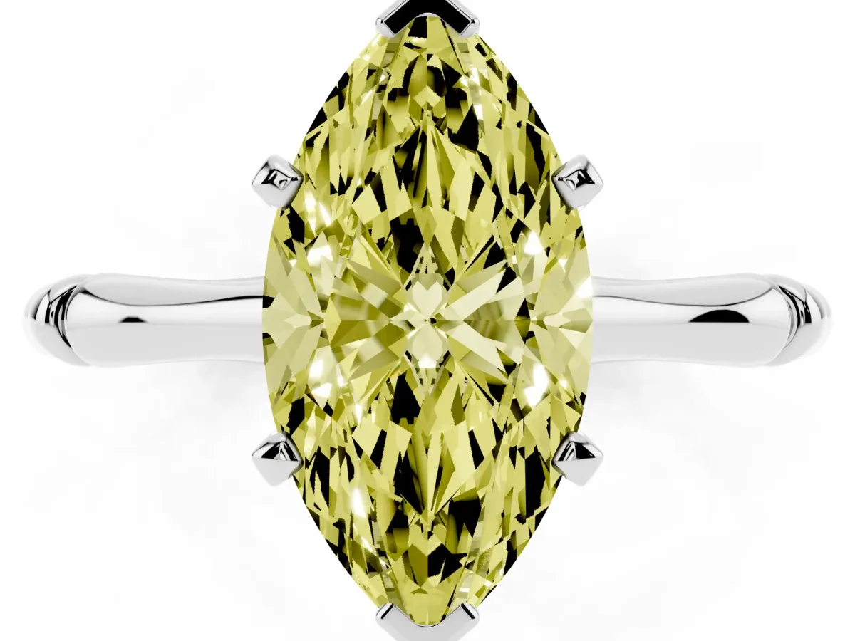 Fancy Yellow Marquise Cut Solitaire Diamond Ring with Bamboo Band and Four-Prong Setting White gold