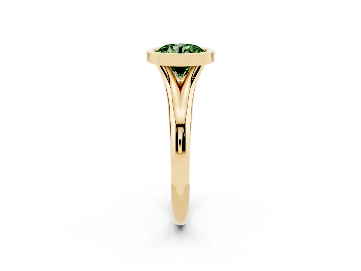 Fancy Green Bezel Set Round Cut Solitaire Diamond Ring with Smooth Band Yellow gold