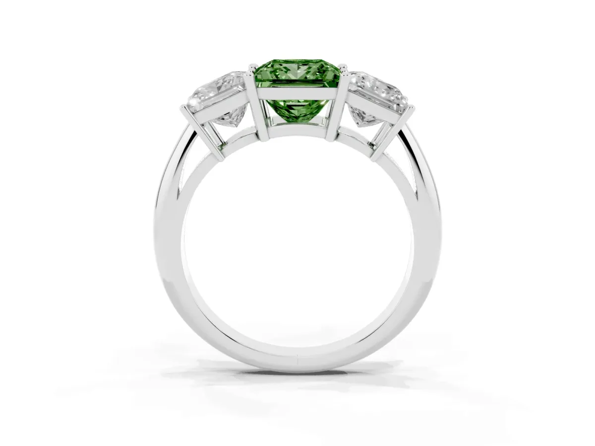 Fancy Green Three-Stone Princess Cut Cut Diamond Engagement Ring with Prong Setting on a White Gold Band White gold