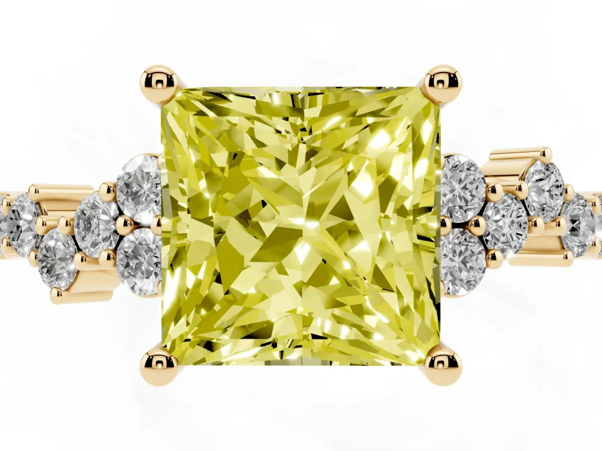 Fancy Yellow Princess Cut Diamond Scattered Round Accent Ring with Prong Setting Yellow gold
