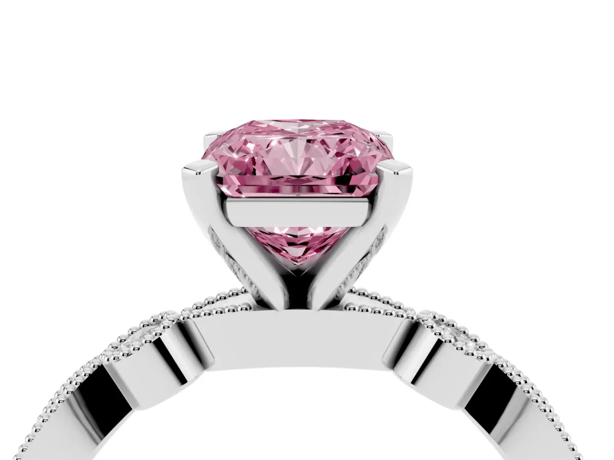 Fancy Pink Radiant Cut Milgrain Bezel Diamond Engagement Ring with Solitaire Prong Setting Silver