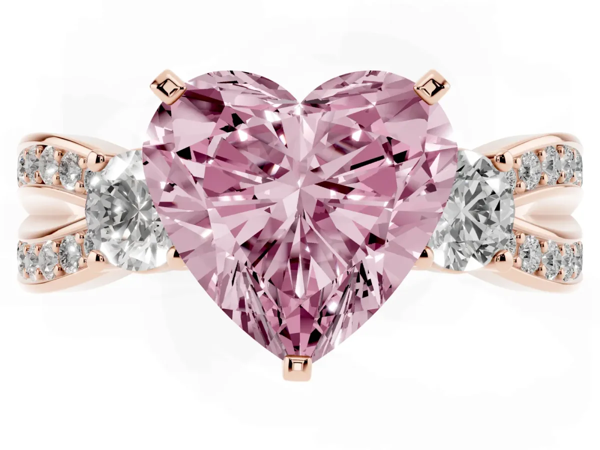 Fancy Pink Three-Stone Heart Cut Cut Diamond Twist Band with Prong Setting Rose gold