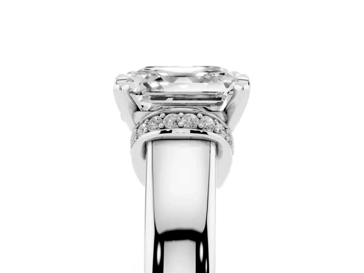 Asscher Cut Solitaire Diamond Ring with Pave Band and Six-Prong Setting Silver