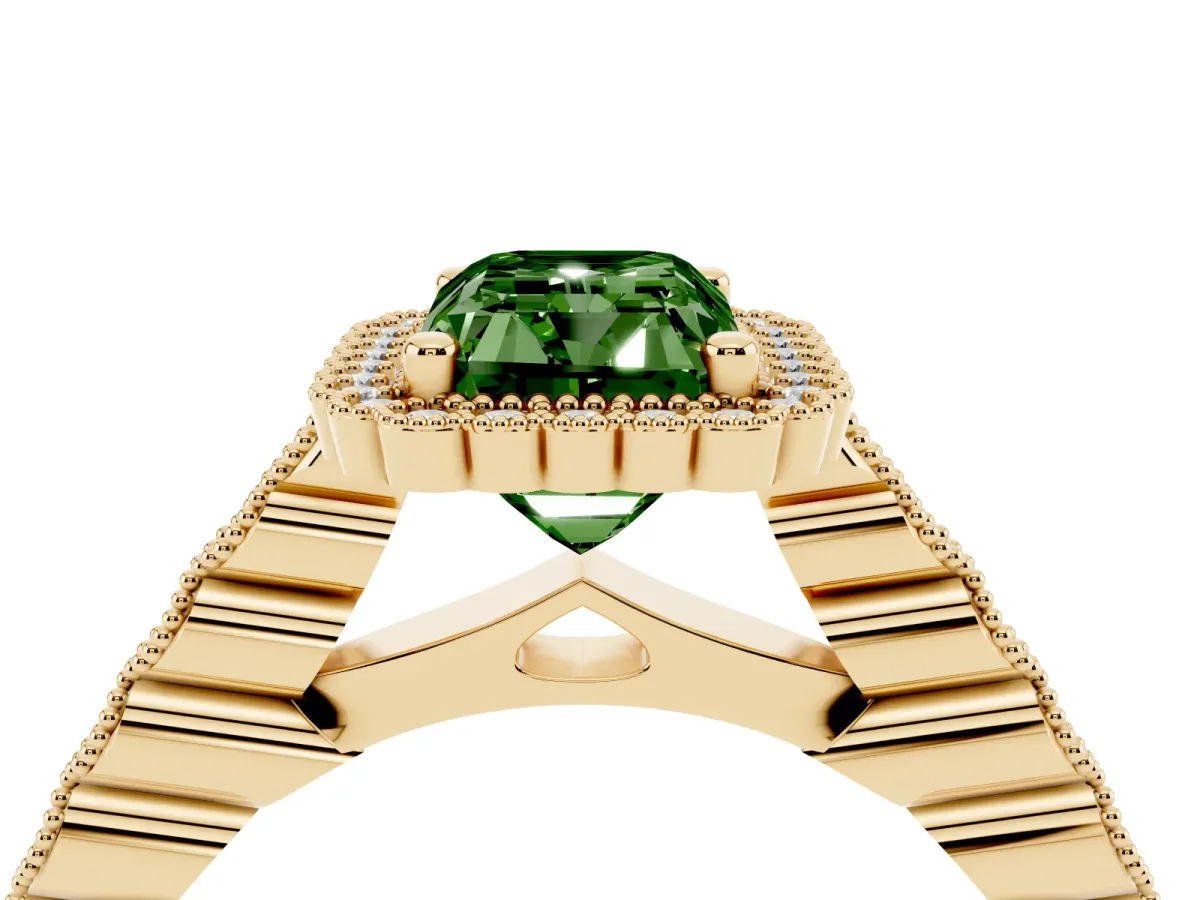Fancy Green Radiant Cut Cut Halo Pavé Solitaire Ring with Milgrain Band Yellow gold