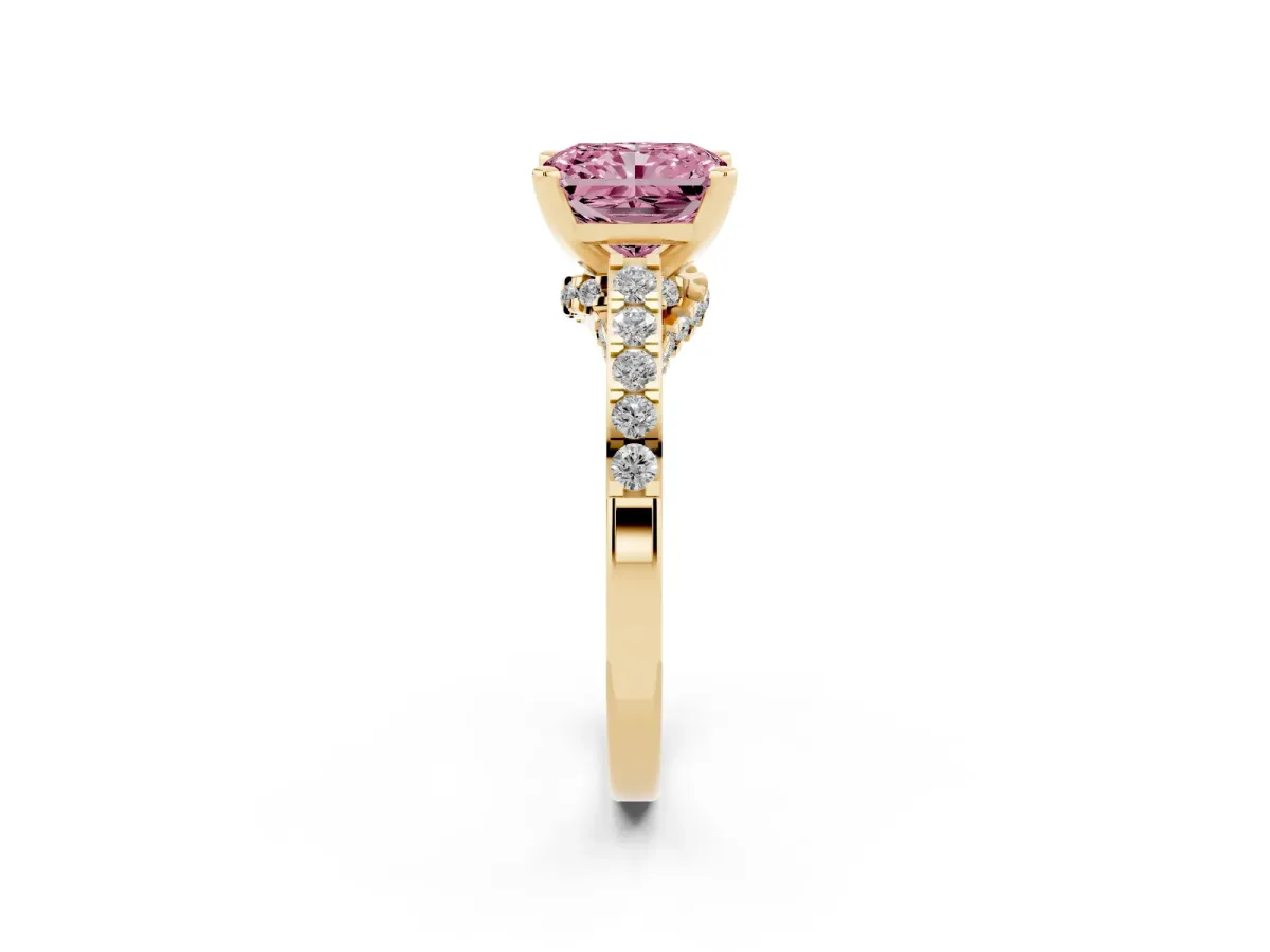 Fancy Pink Radiant Cut Diamond Solitaire Ring with Crossover Gallery and Round Pavé Band Yellow gold