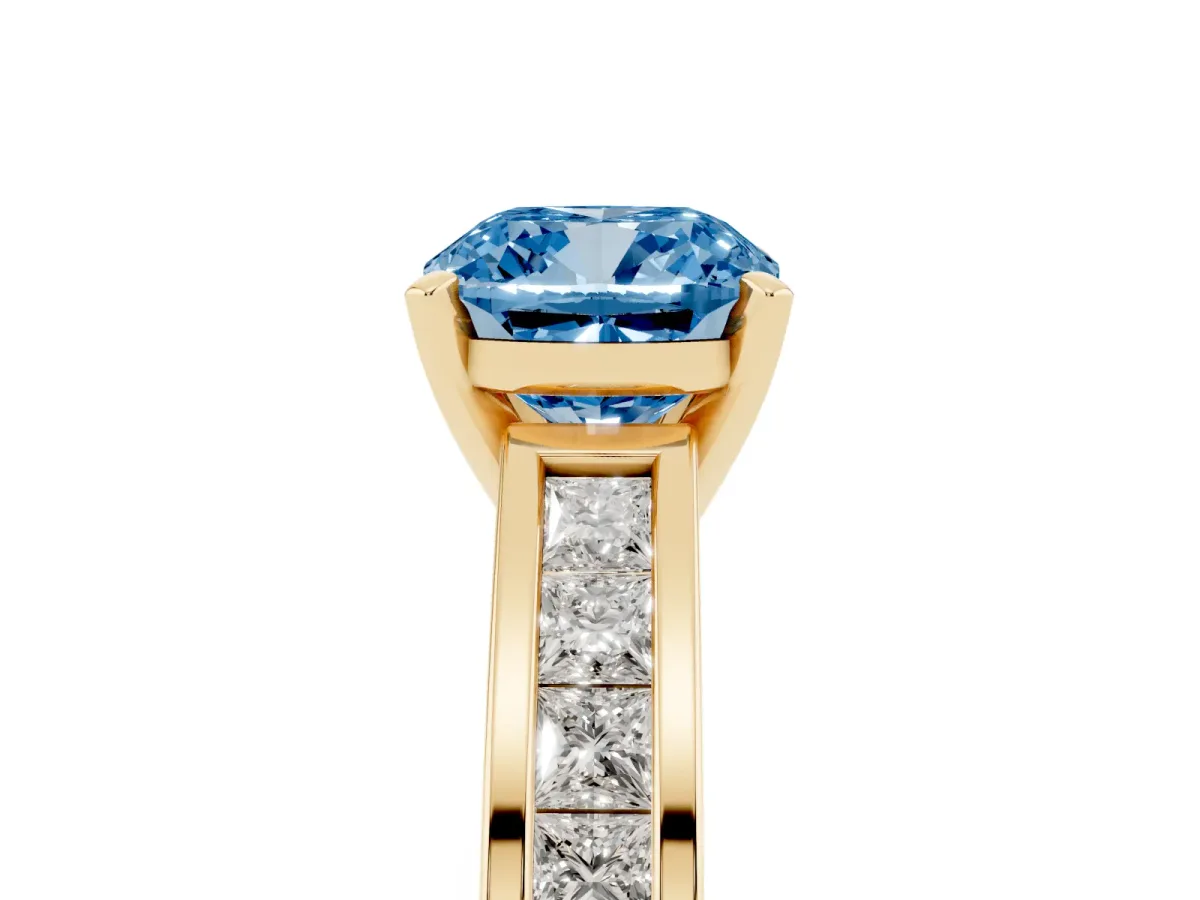 Fancy Blue Cushion Cut Solitaire Diamond Ring with Channel-Set Band and Four-Prong Setting Yellow gold