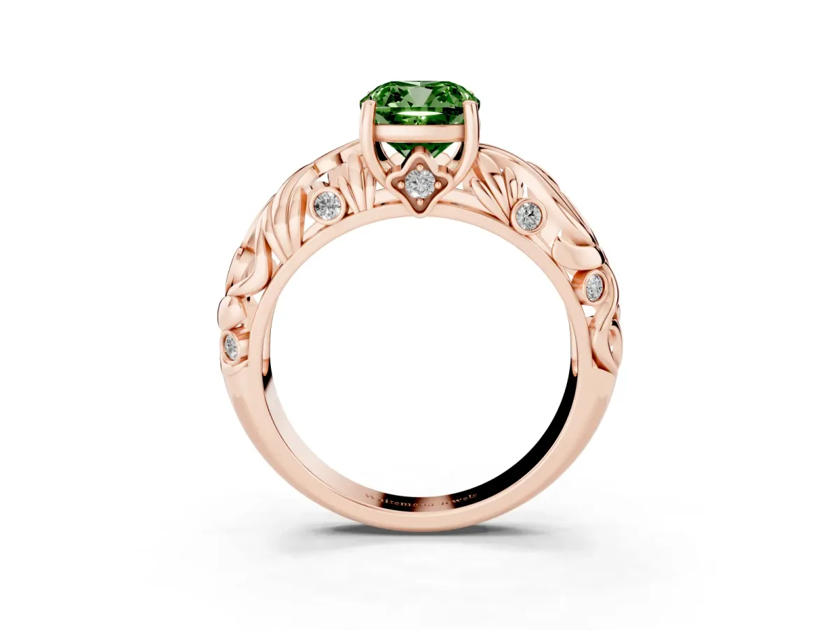 Fancy Green Cushion Cut Solitaire Diamond Leaf-Inspired Vine Band Ring with Prong Setting Rose gold