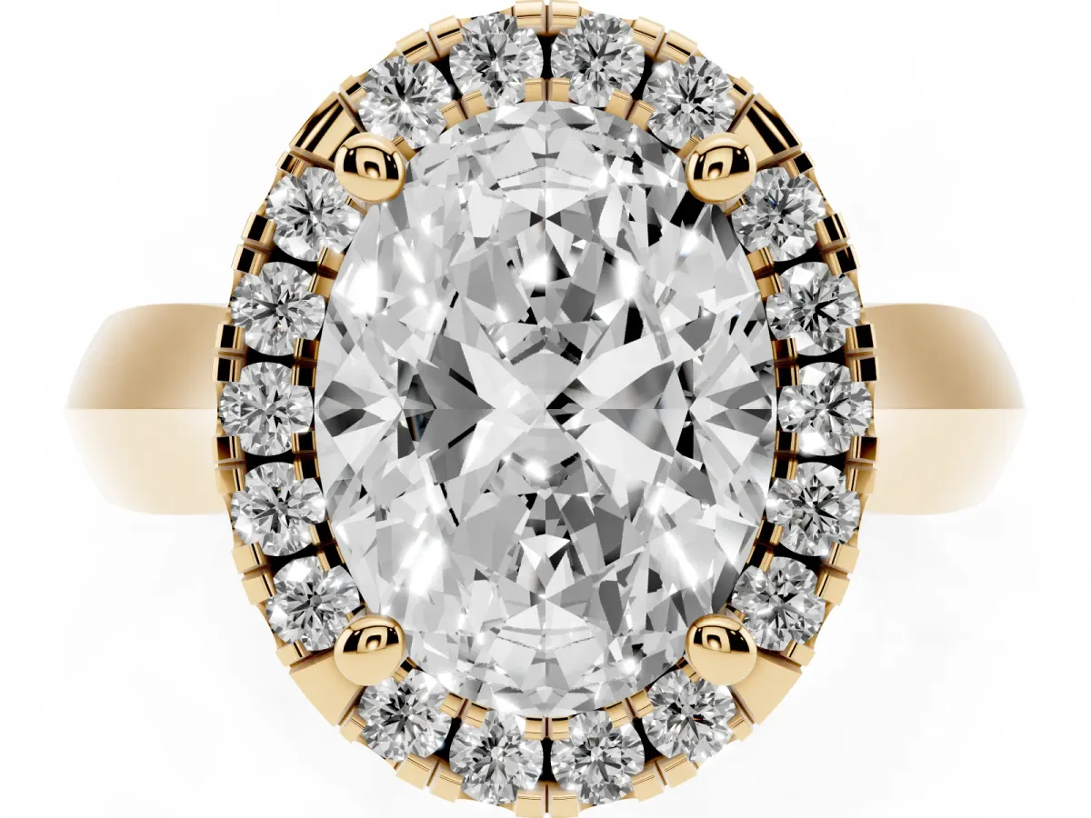 Oval Cut Cut Halo Solitaire Engagement Ring with Square Band and Four-Prong Setting Yellow gold