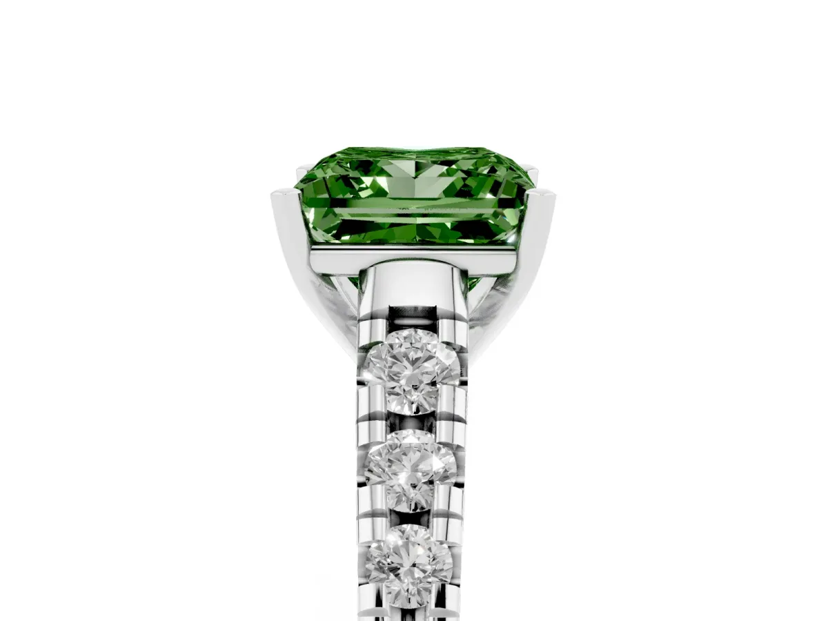Fancy Green Princess Cut Diamond Cathedral Solitaire Ring with Round Pavé Band Silver