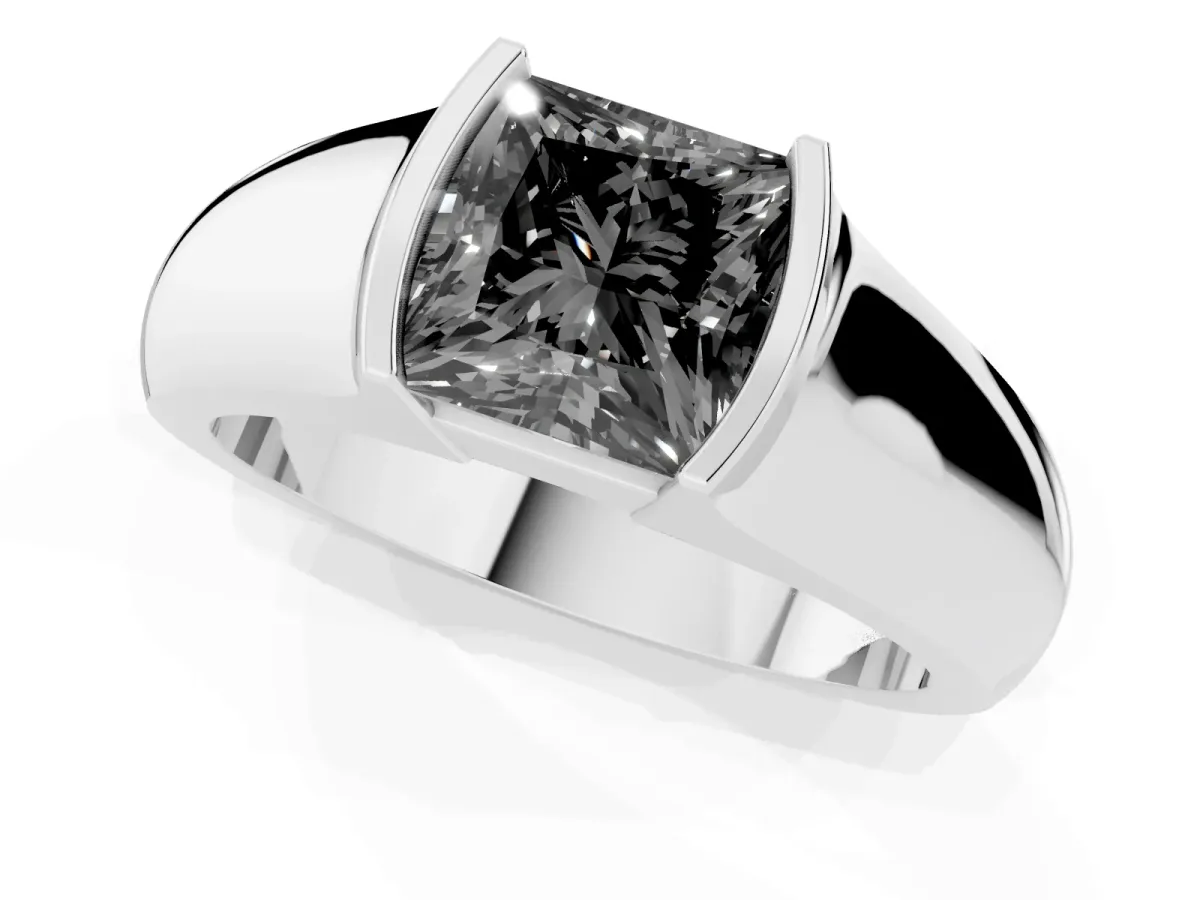 Fancy Black Princess Cut Solitaire Bezel Set Diamond Ring with Wide Band Silver