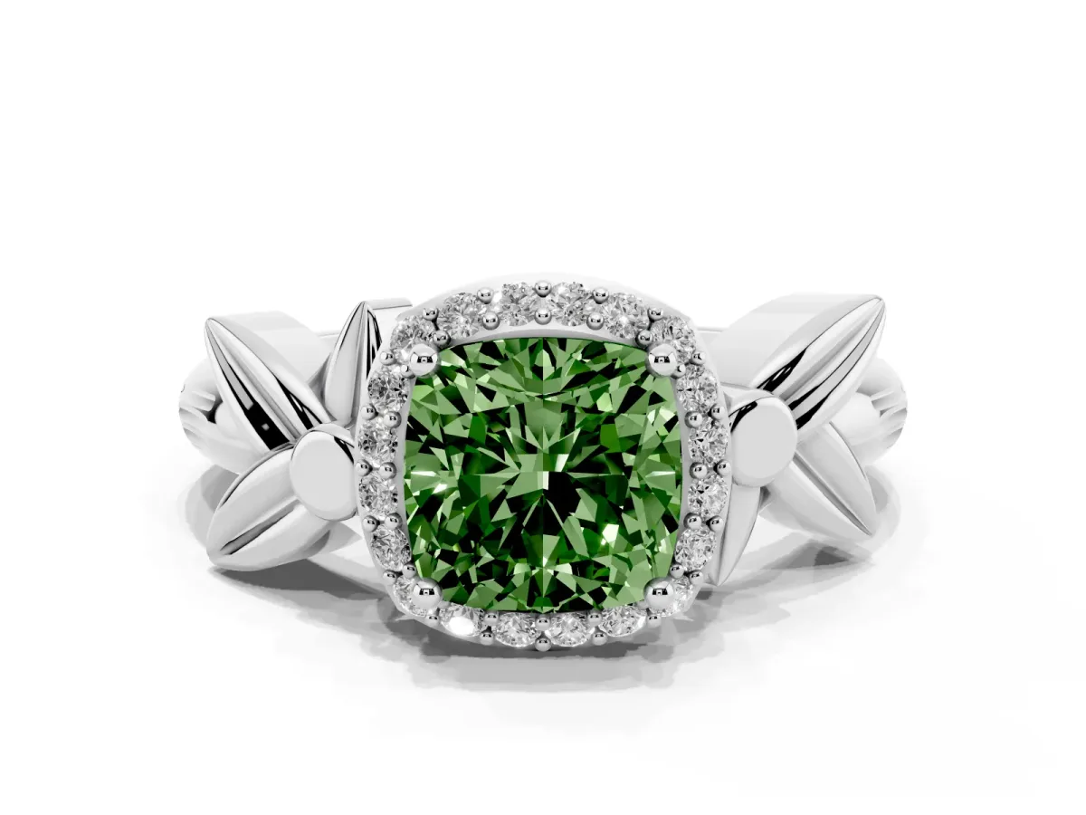 Fancy Green Cushion Cut Halo Diamond Floral Band with Four-Prong Setting White gold