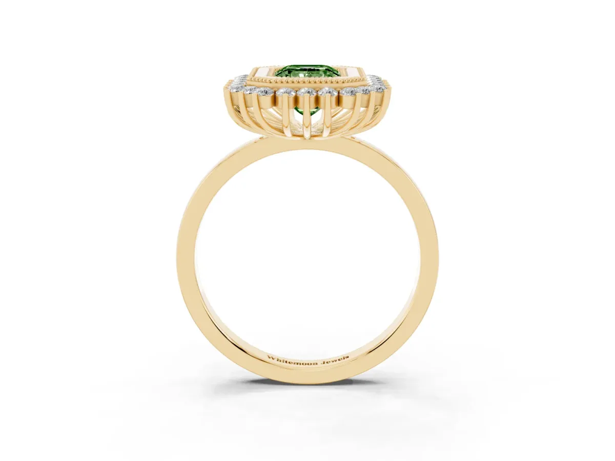 Fancy Green Emerald Cut Halo Diamond Ring with Milgrain Edge and Round Prong Setting Yellow gold