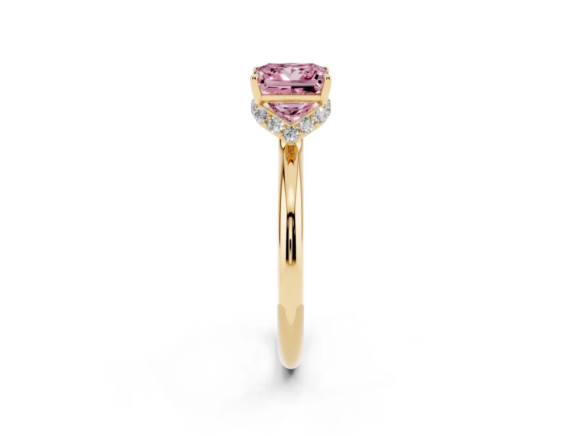 Fancy Pink Princess Cut Brilliant Solitaire Engagement Ring with Six-Prong Setting and Classic Band Yellow gold