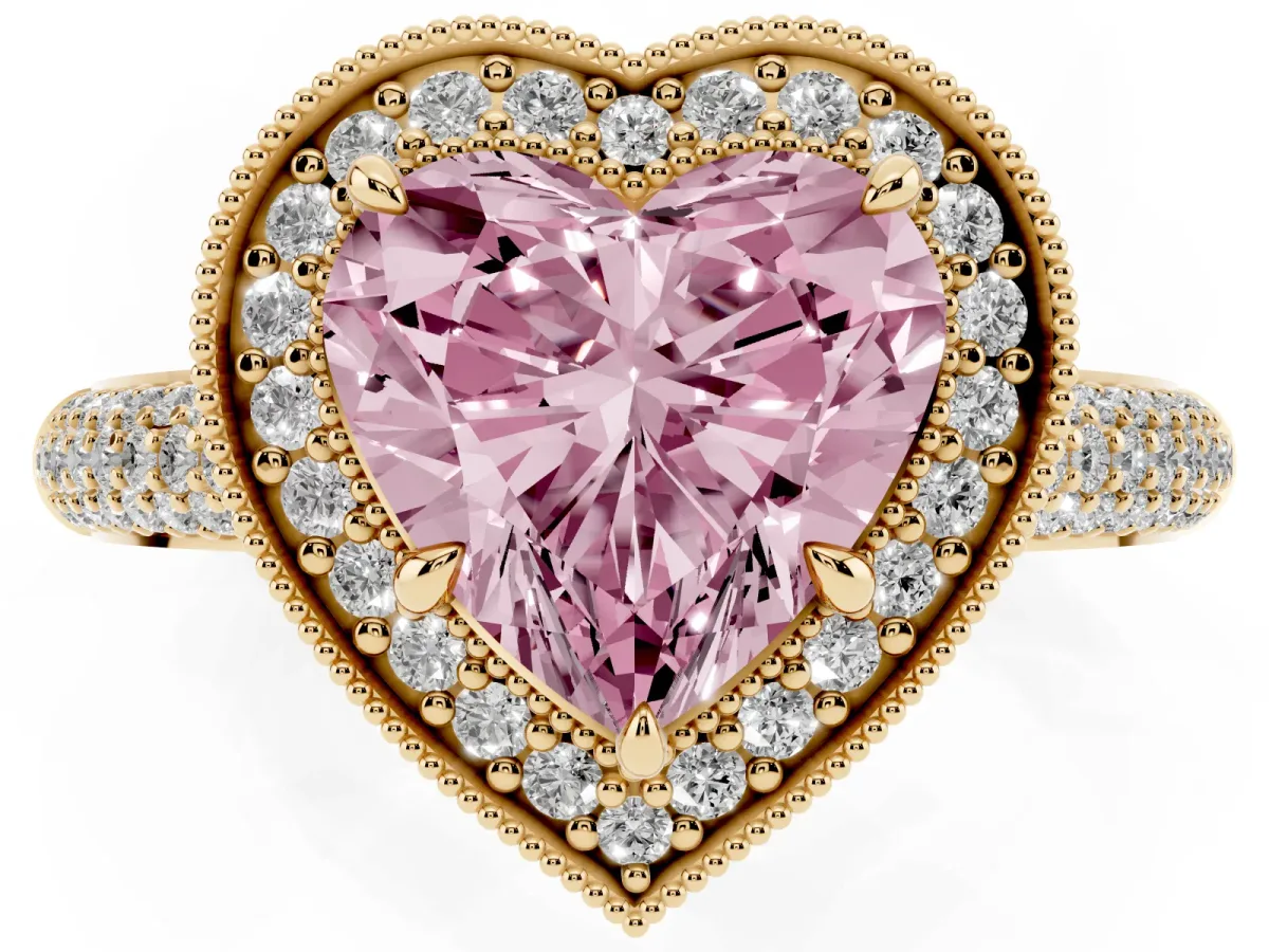 Fancy Pink Heart Cut Cut Halo Diamond Pave Band with Four-Prong Setting Yellow gold