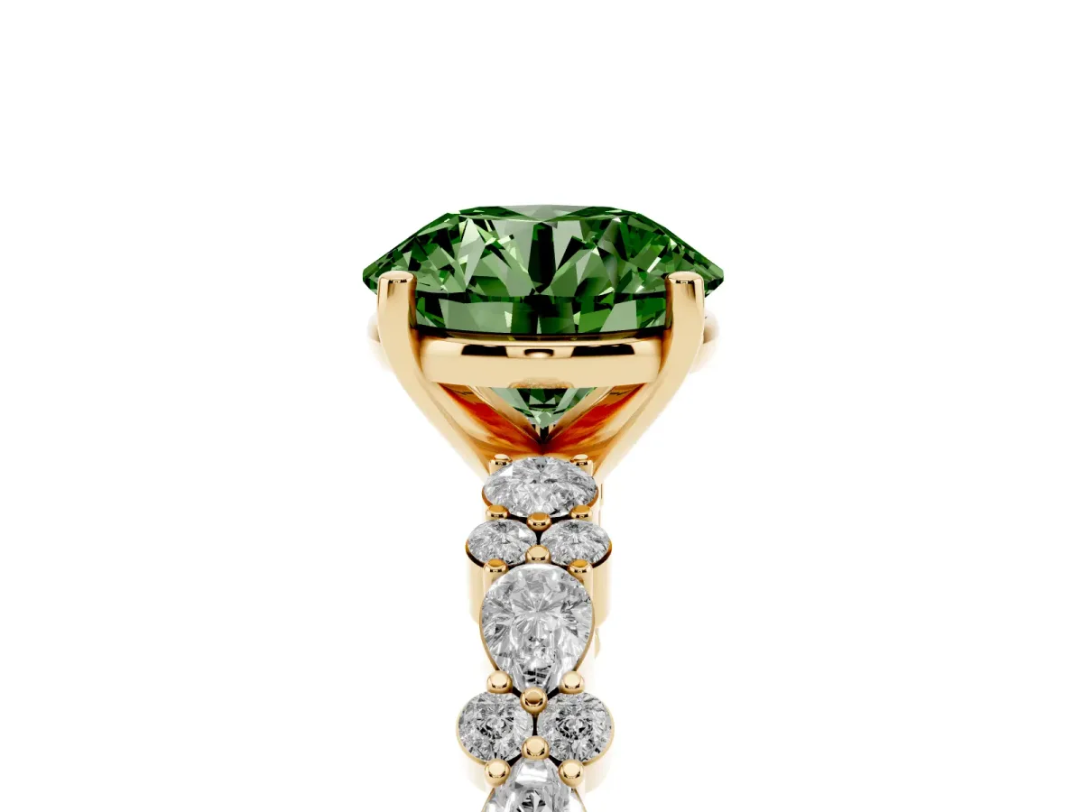 Fancy Green Round Cut Diamond Side Stone Solitaire Ring with Round and Four-Prong Setting Yellow gold
