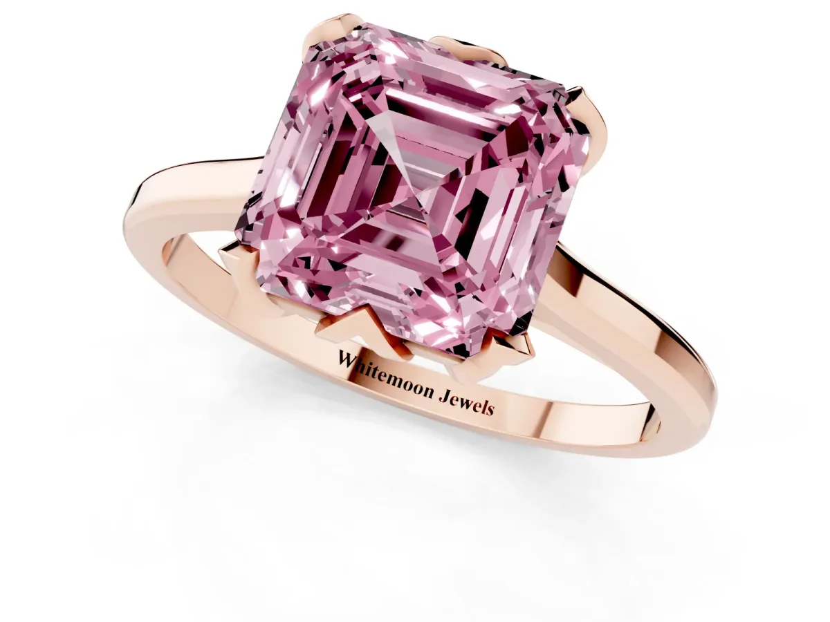 Fancy Pink Asscher Cut Diamond Solitaire Ring with Flower Prong Setting and Classic Band Rose gold