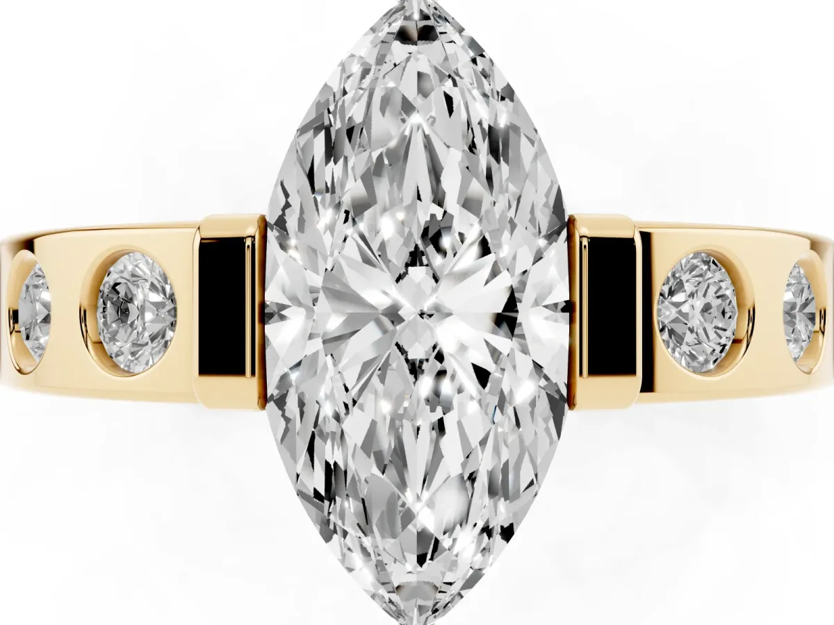 Marquise Cut Brilliant Channel-Set Diamond Ring with Bezel Prong Setting Yellow gold