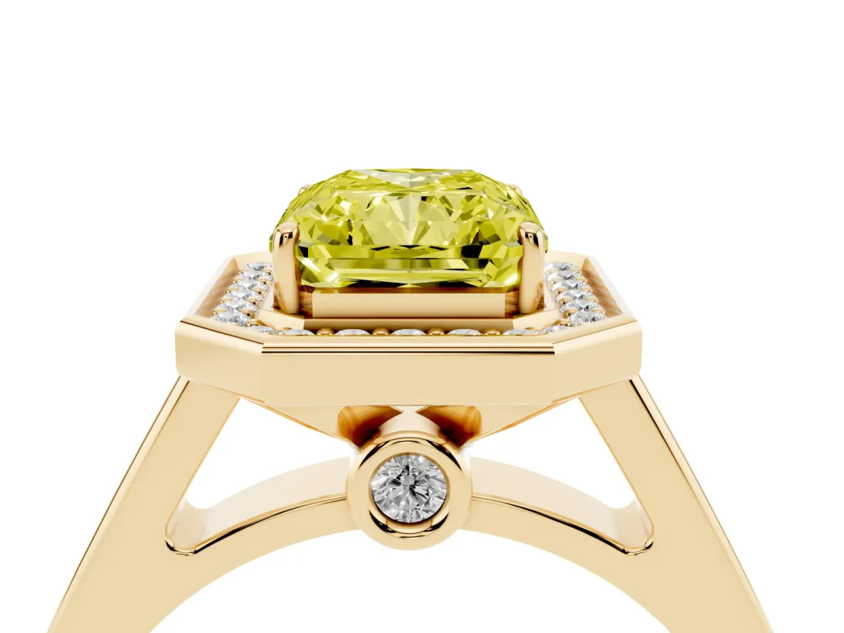 Fancy Yellow Emerald Cut Halo Solitaire Diamond Ring with Pave Band and Bezel Setting Yellow gold