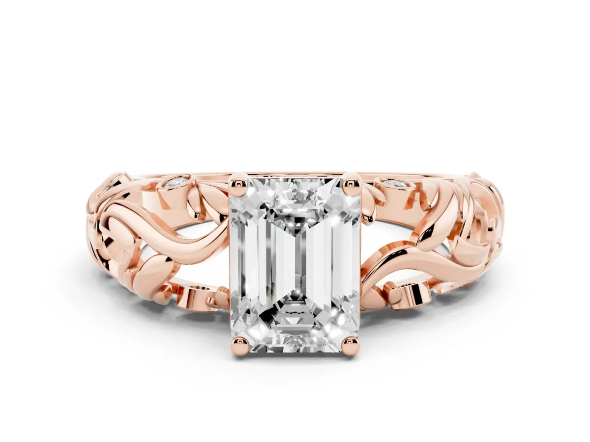 Emerald Cut Solitaire Diamond Leaf-Inspired Vine Band Ring with Prong Setting Rose gold