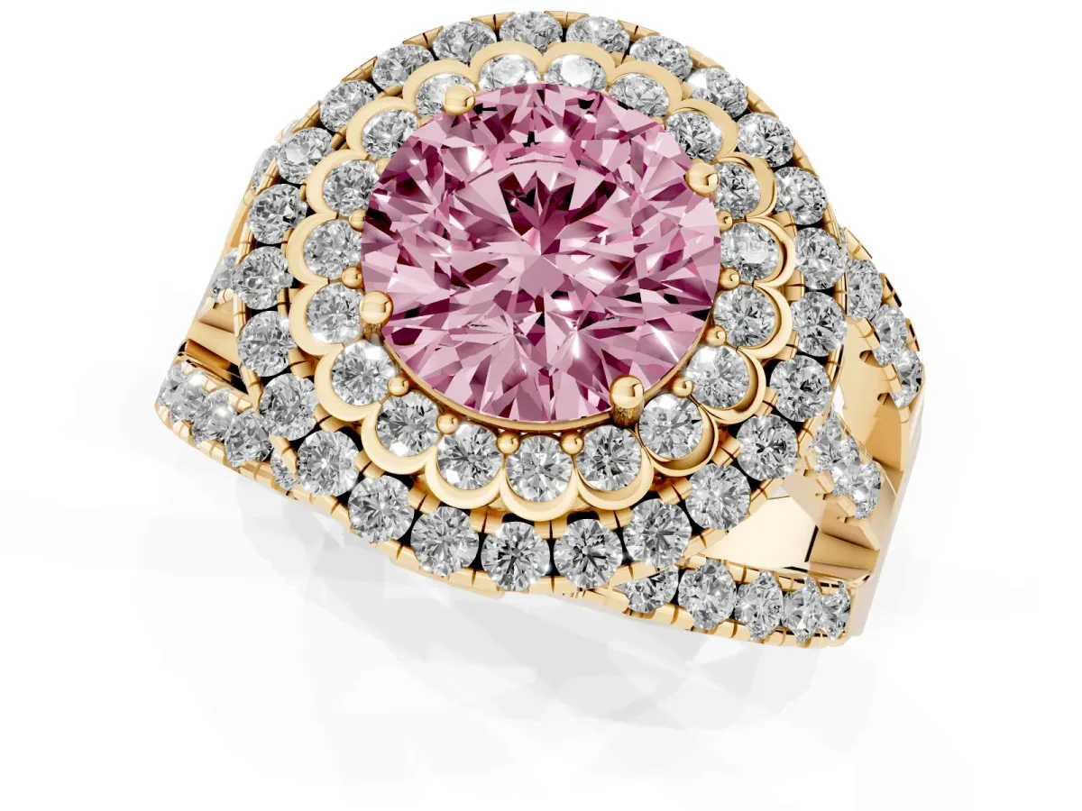 Fancy Pink Round Cut Diamond Double Halo Ring with Round Pavé Split Shank and Prong Setting Yellow gold